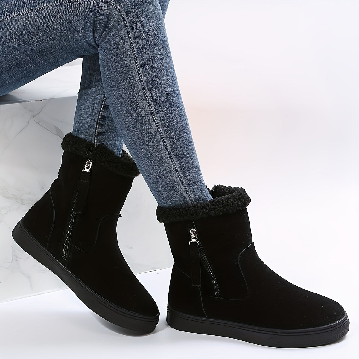Side Zipper Solid Suede Flat Thermal Snow Boots