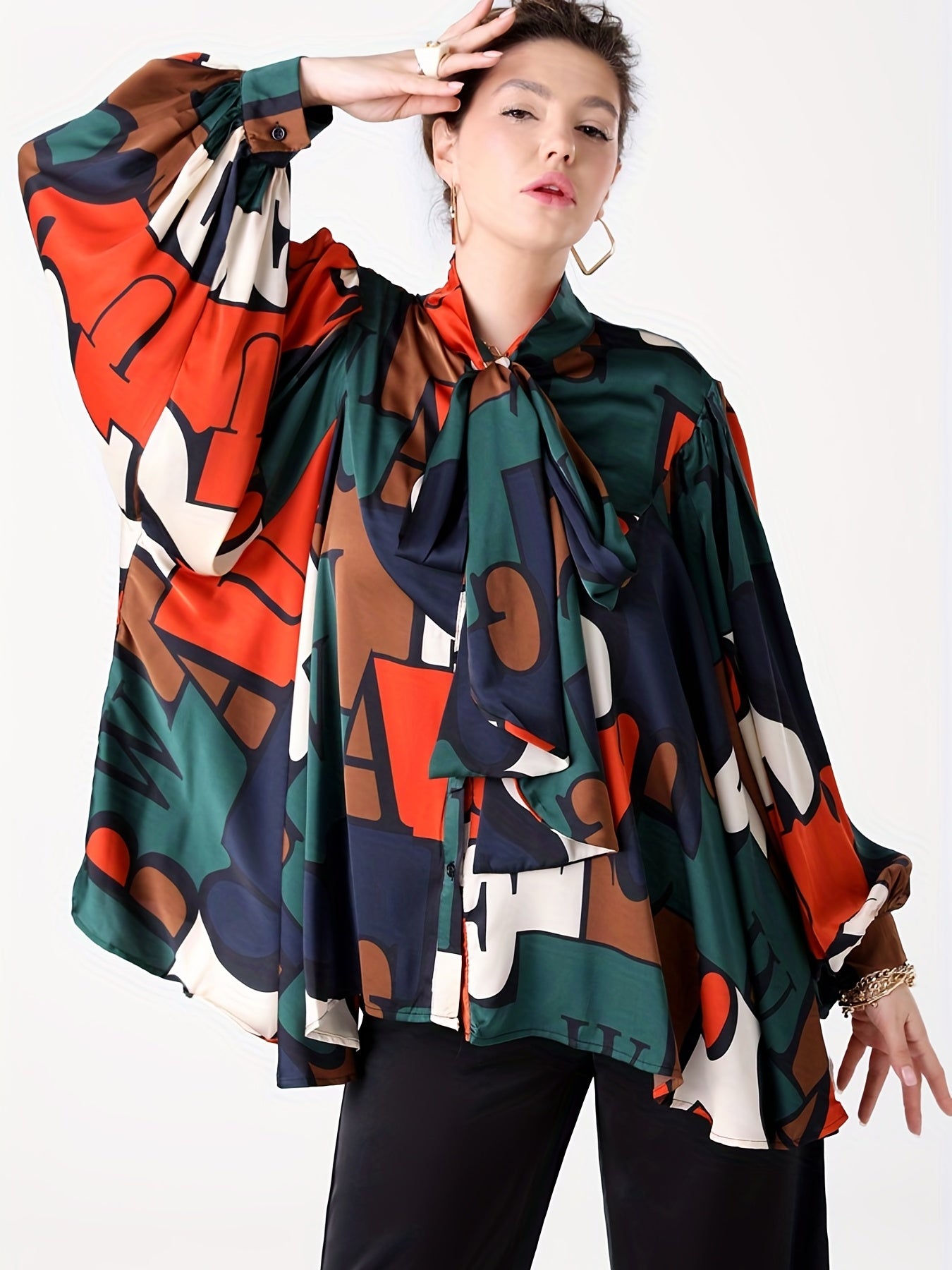Women's Plus Colorblock Letter Print Lantern Sleeve Blouse