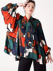 Women's Plus Colorblock Letter Print Lantern Sleeve Blouse
