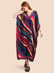 Colorblock Stripe Print V Neck Bat Sleeve Maxi Cover Up
