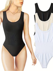 Ribbed Sleeveless Bodysuit Round Neck Sports Romper