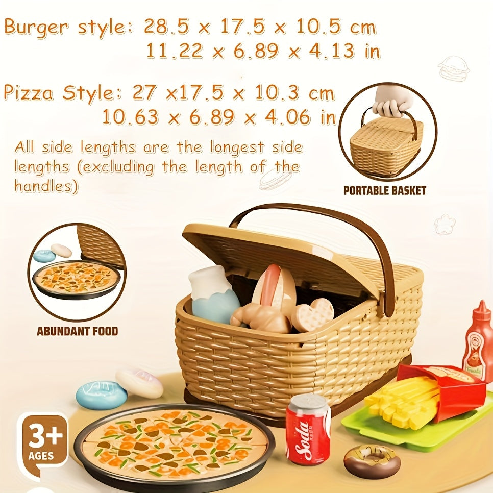 Kids Pretend Play Picnic Set Burger Pizza & Fries ABS Material Yellow