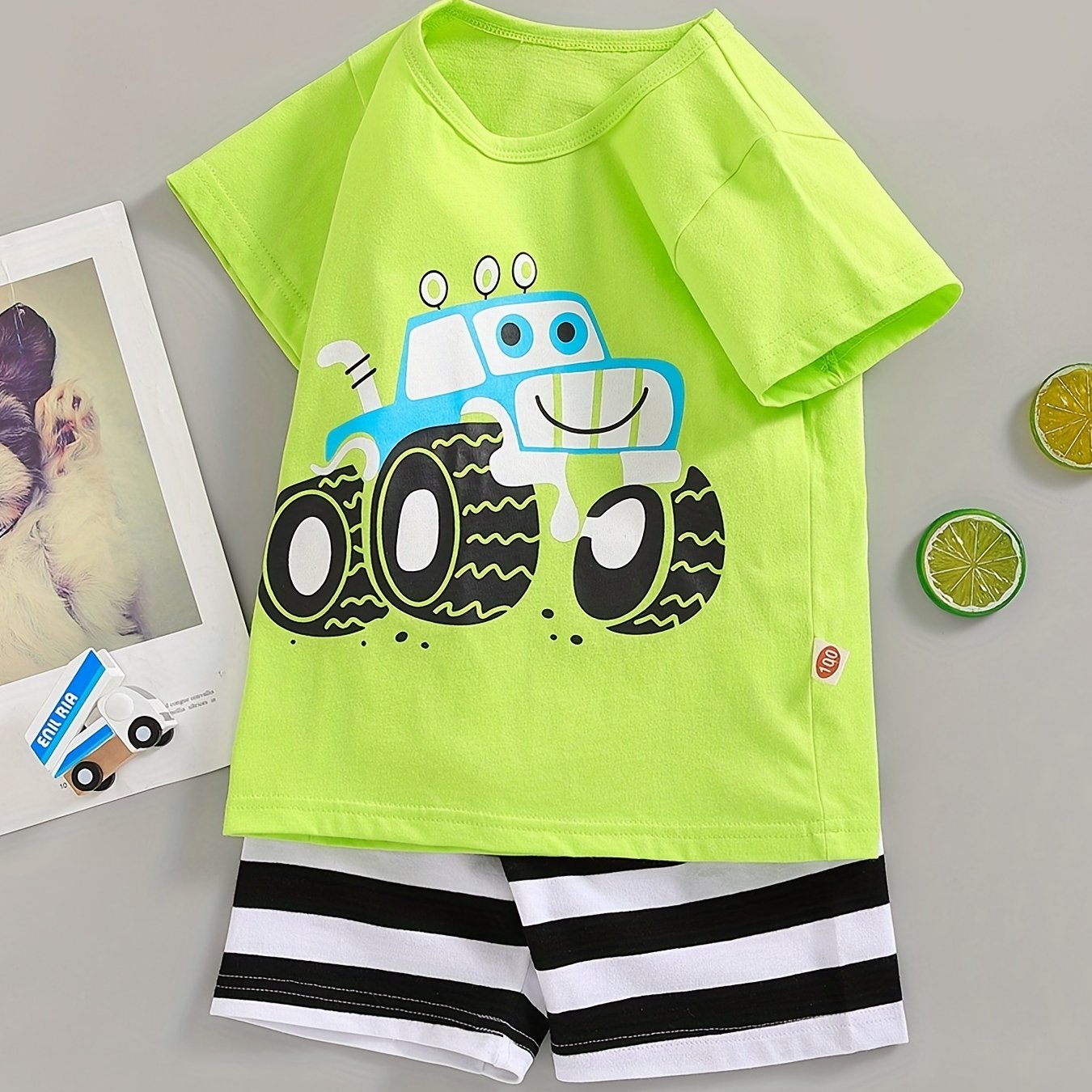 Boys Off-road Vehicle T-shirt & Striped Shorts Set