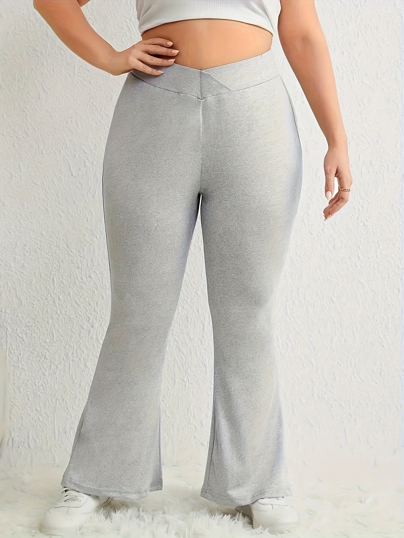 Flared Leg Trousers Elastic Waist Medium Stretch