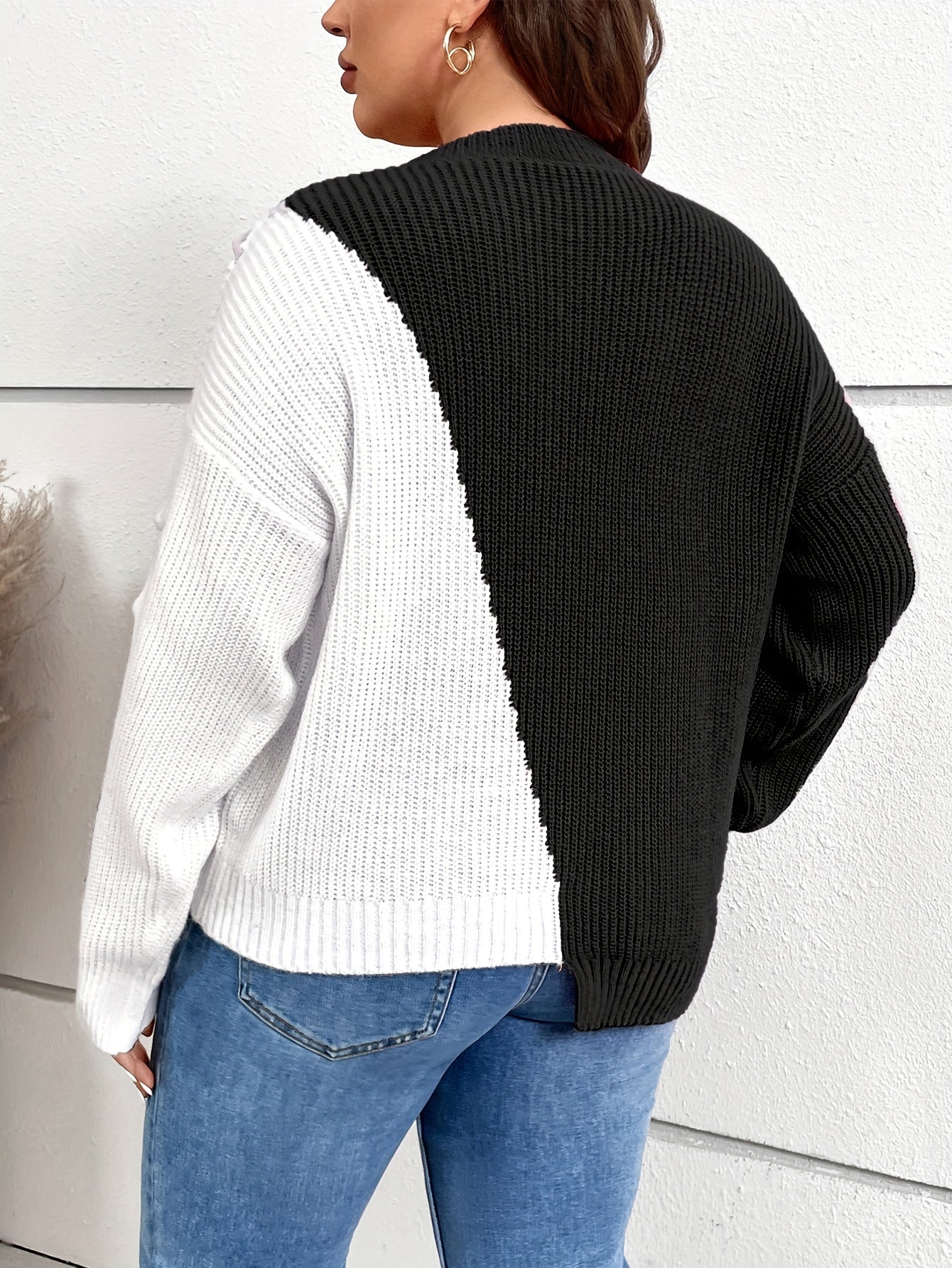 Colorblock Lace Up Crew Neck Casual Sweater
