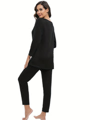 Women's Solid Lounge Set Long Sleeve Crew Neck Top & Pants