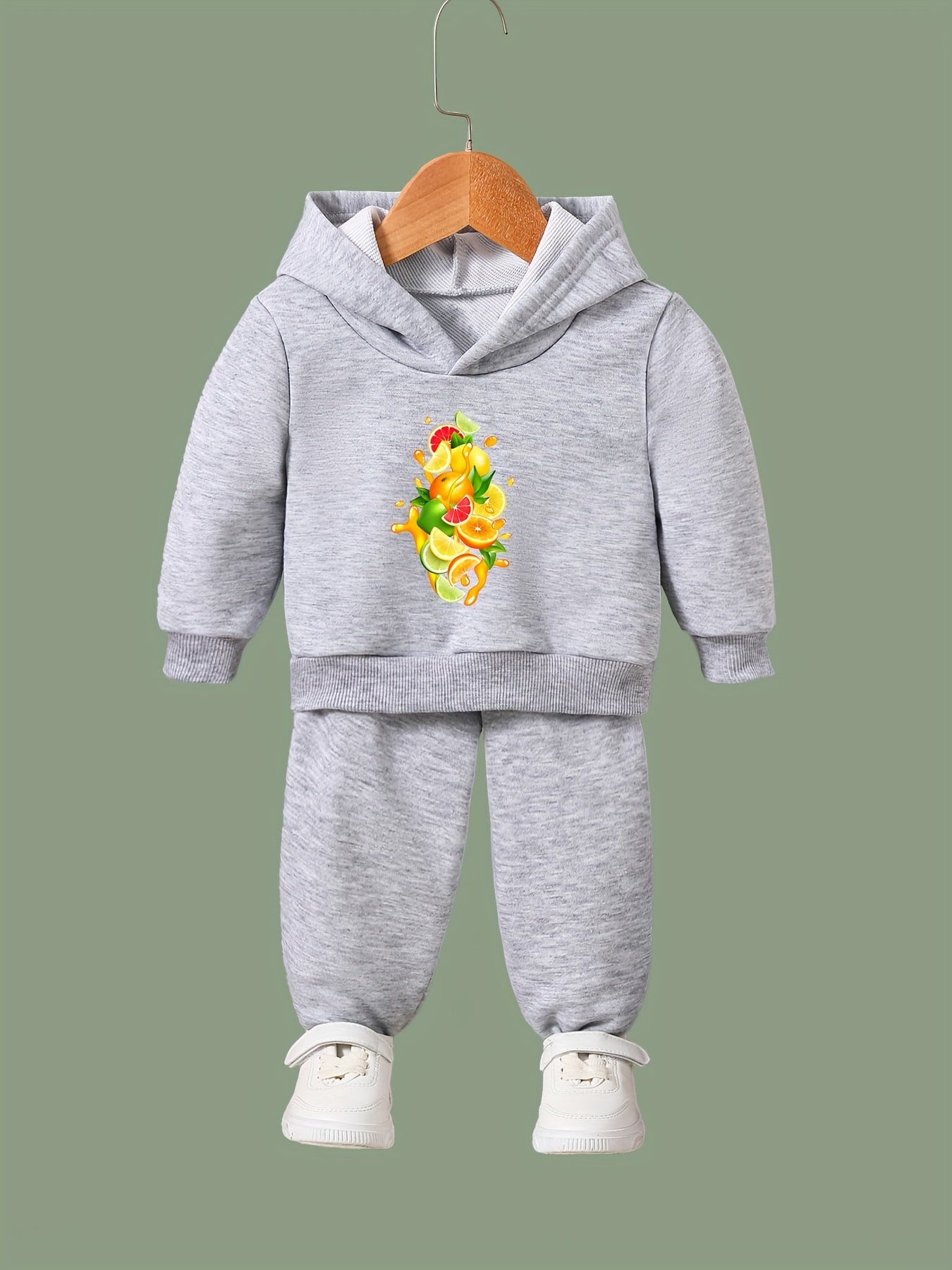Cartoon Fruit Print Hooded Pullover Pants Set For Sports Spring Fall Gift
