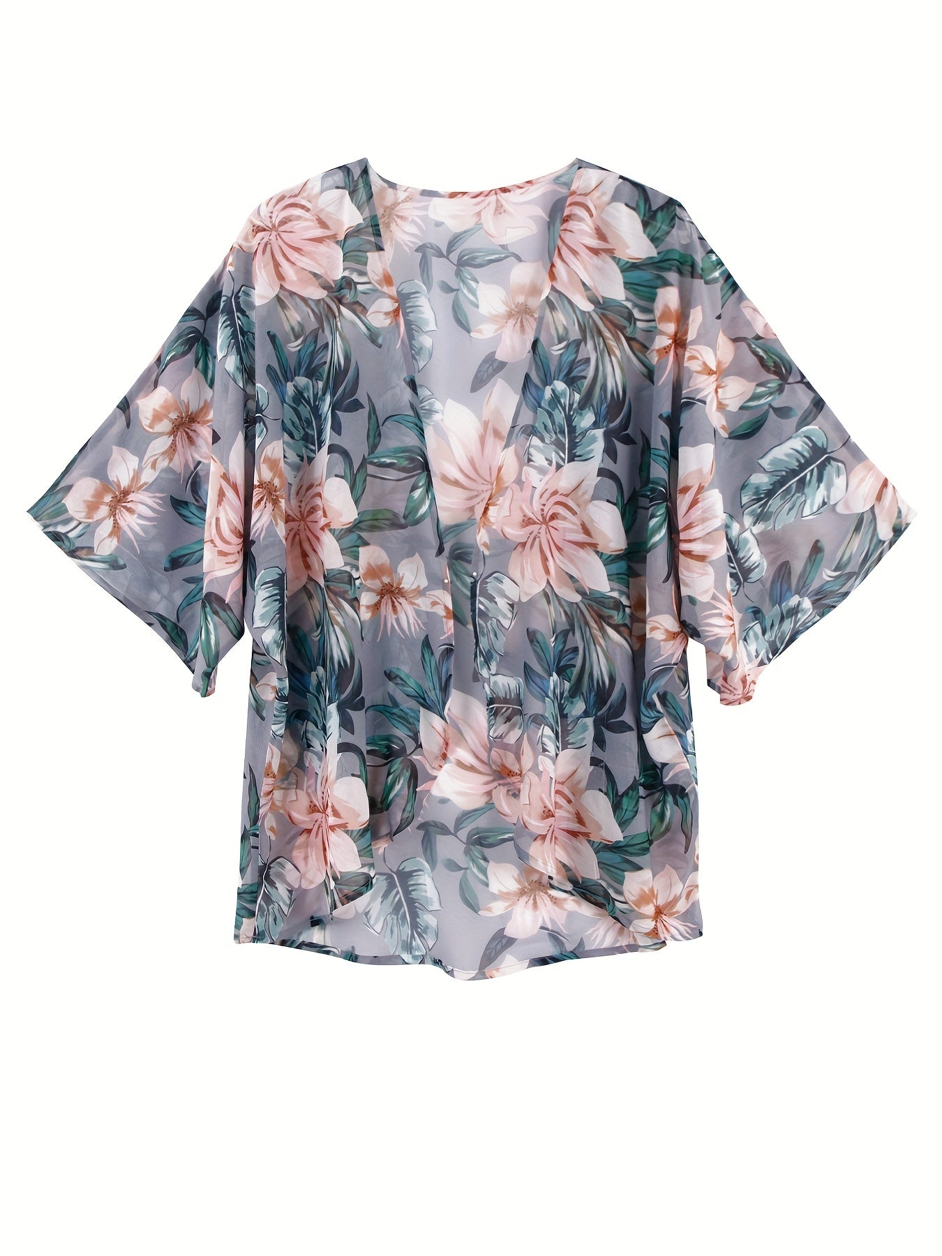 Floral Print Kimono Cover Up V Neck Soft Beachwear Women's Swimwear