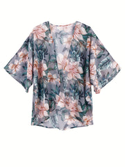 Floral Print Kimono Cover Up V Neck Soft Beachwear Women's Swimwear