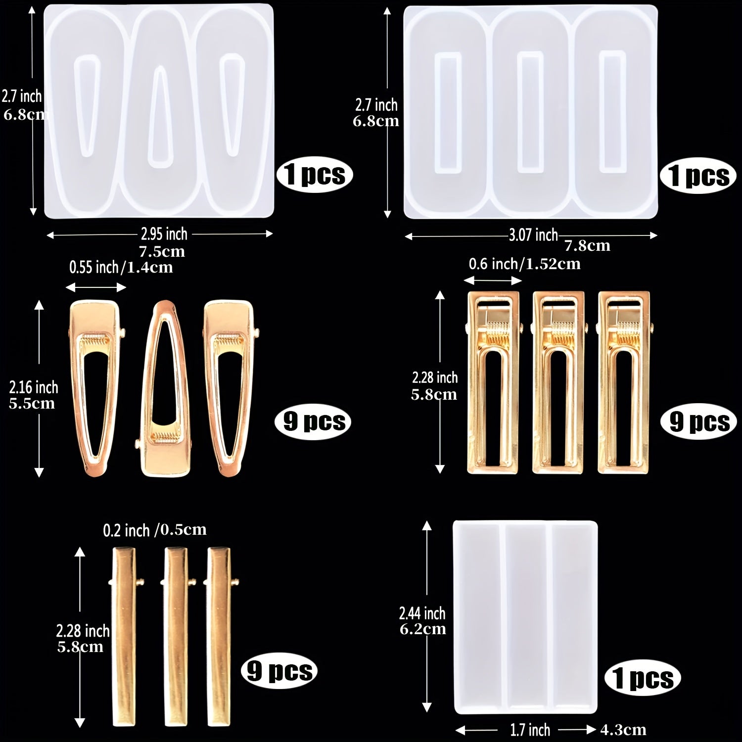 30pcs Hair Pin And Clip Silicone Epoxy Resin Molds DIY Jewelry Making