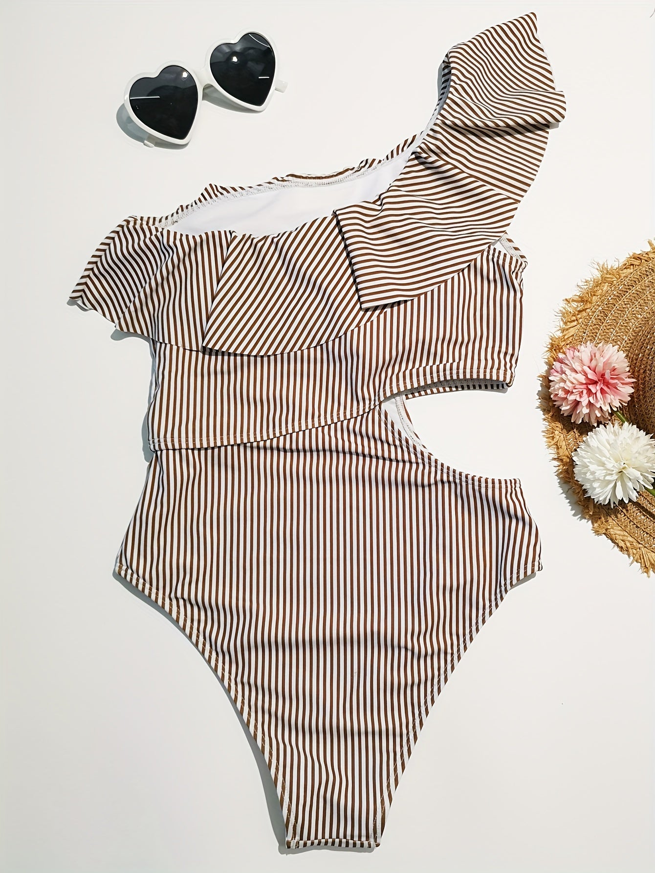 Ruffled Shoulder Striped Print Swimsuit One Piece