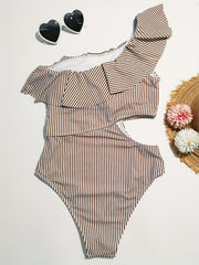 Ruffled Shoulder Striped Print Swimsuit One Piece