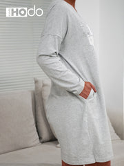 Casual Soft Nightdress Long Sleeve Cotton Sleepwear Dress