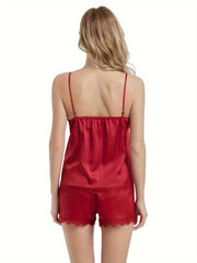 Satin Pajama Set Lace Trim Cami Top & Shorts Women's Sleepwear
