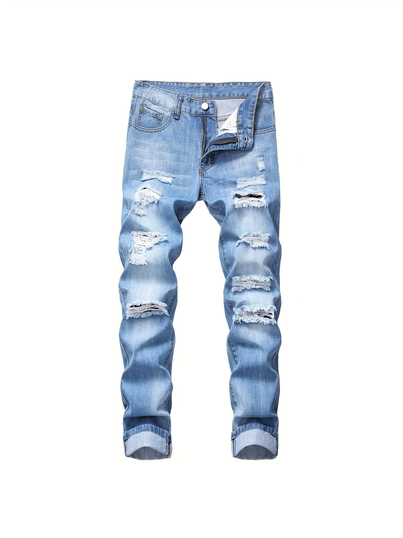 Mens Ripped Straight Denim Jeans With Pockets