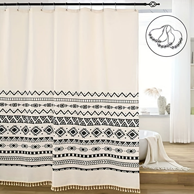 Bohemia Style Shower Curtain with Tassel Durable Waterproof Mildew Proof Fabric