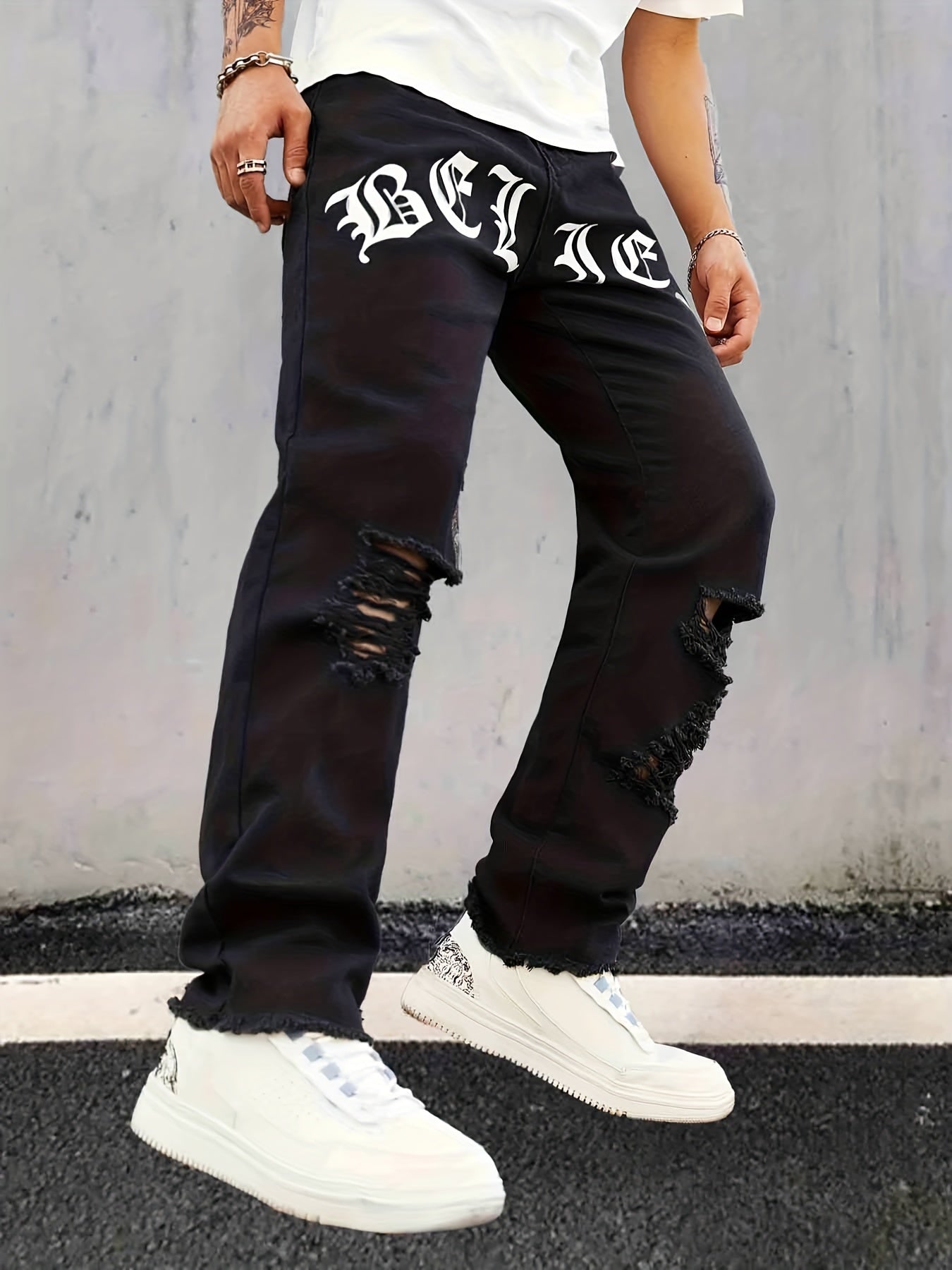 Creative Letter Print Ripped Jeans Men's Street Style Denim Pants