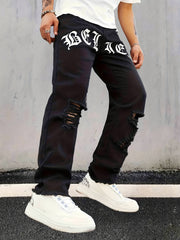 Creative Letter Print Ripped Jeans Men's Street Style Denim Pants