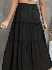 Ruched Maxi Skirt Solid Color Drawstring Waist Casual Elastic