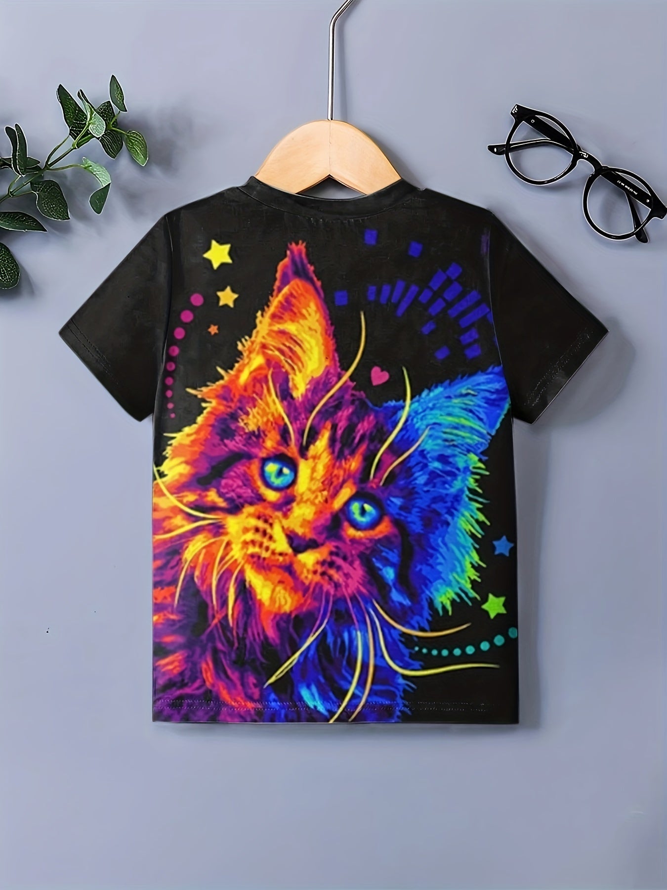 Boys Kitten Print Casual Tee Tops Kids Short Sleeve Crew Neck Summer T shirt