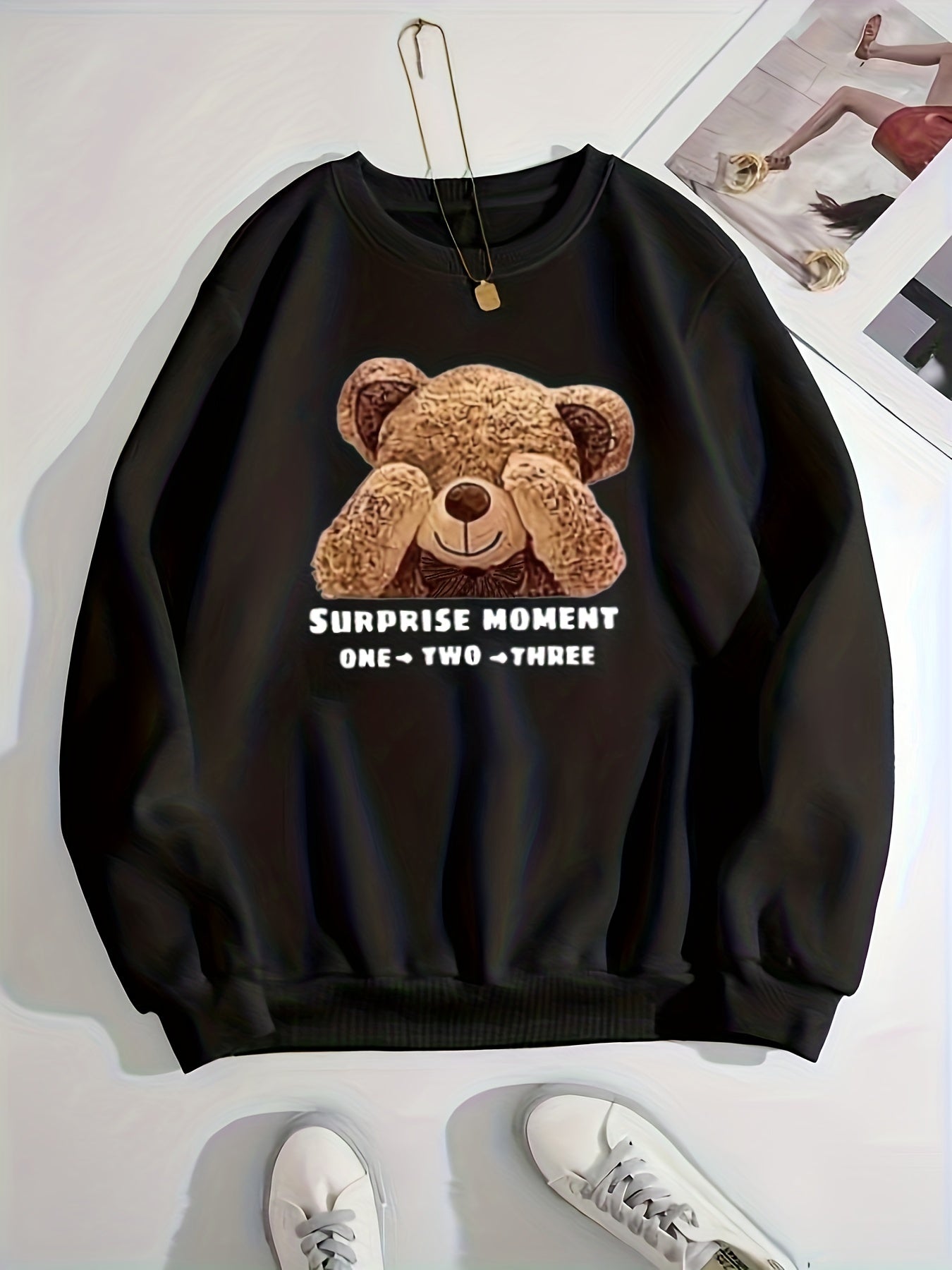 Bear Print Crew Neck Pullover Sweatshirt for Women