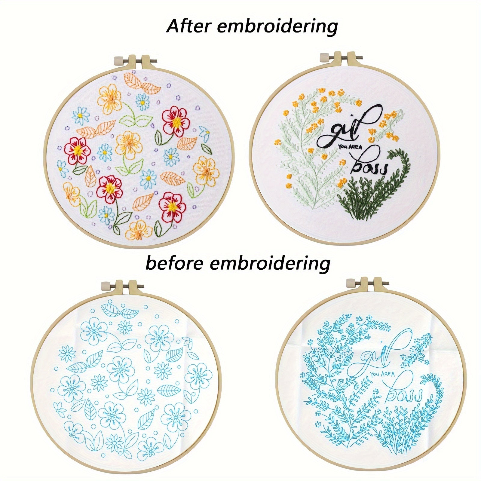 2pcs Stamped Embroidery Starter Kit DIY Hand Embroidery Fabric Threads Sewing