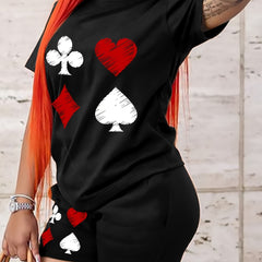 Poker Card Suits Print T-shirt & Shorts 2pcs Set