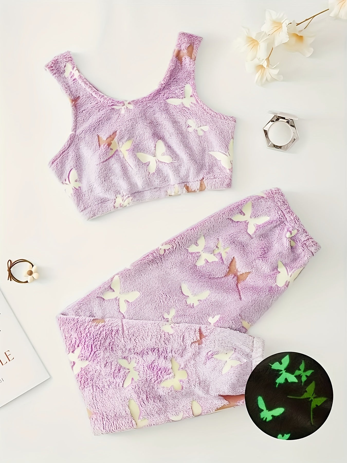 Women's Plus Butterfly Flannel Tank Top & Pants Pajama Set