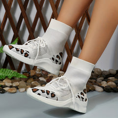 Leopard Print Knit Sneaker Boots Lace Up Stretch Short Boots