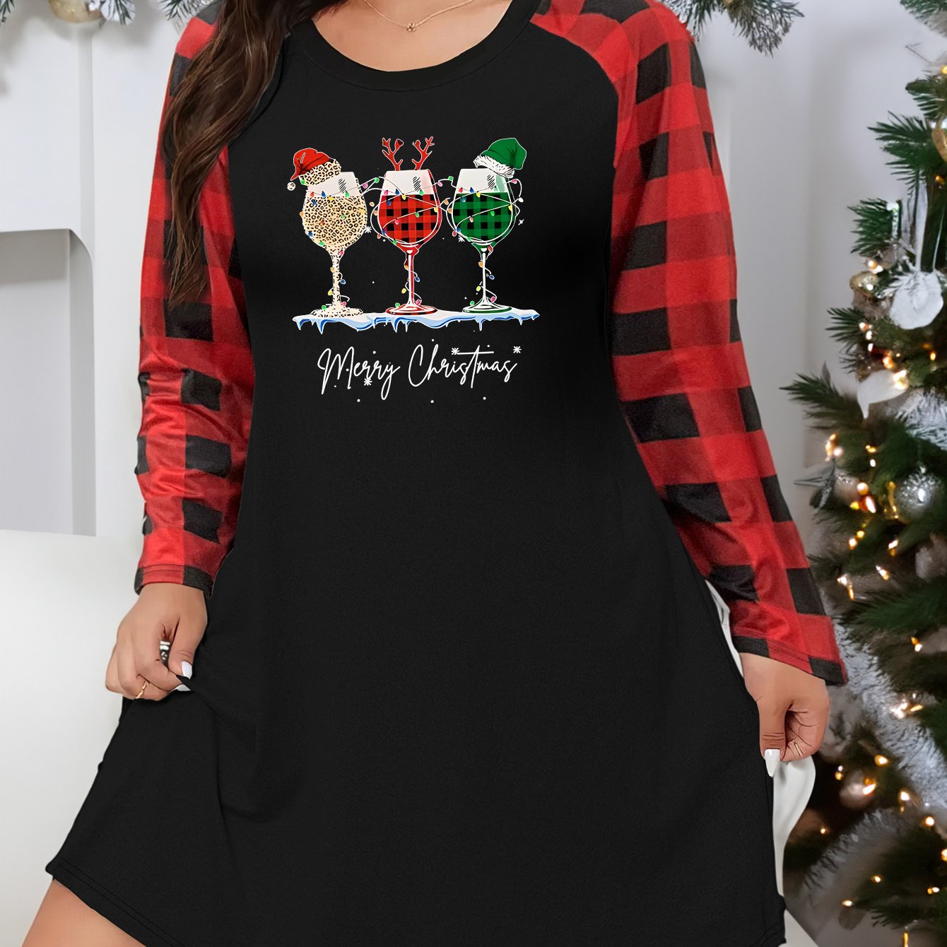 Christmas Loungewear Dress with String Lights & Goblet