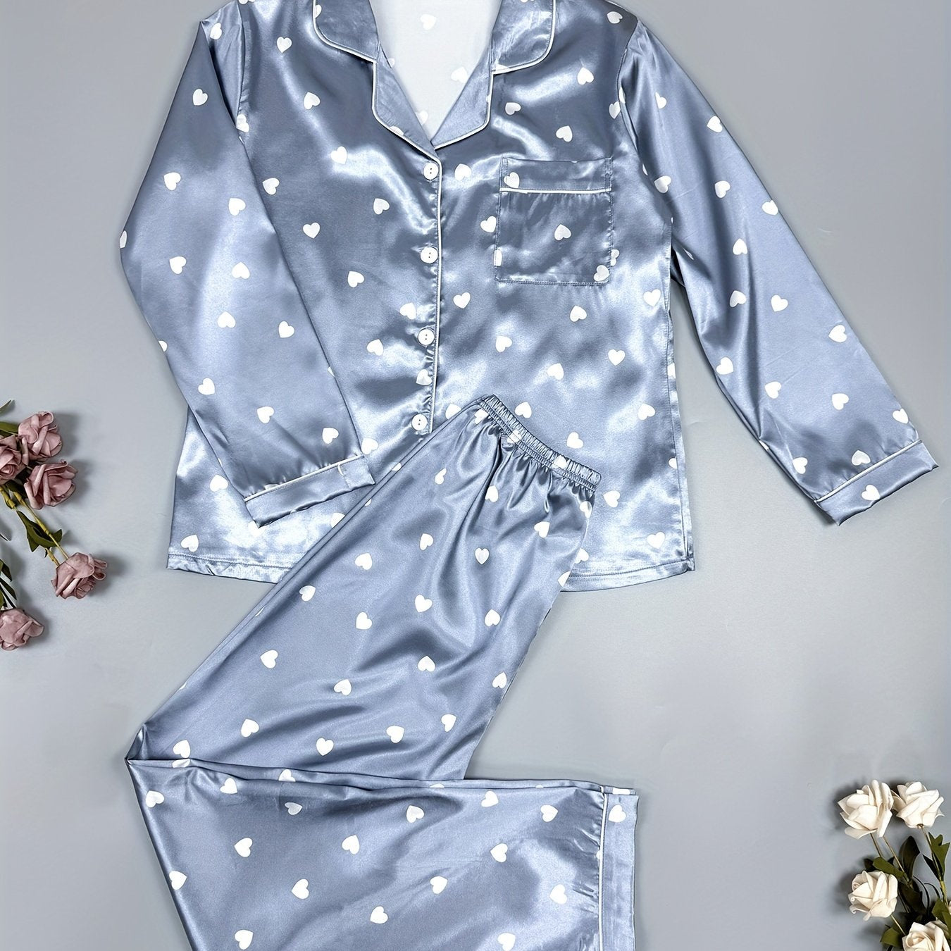 Heart Print Pajama Set Long Sleeve Top & Pants Women's Sleepwear