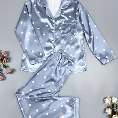 Heart Print Pajama Set Long Sleeve Top & Pants Women's Sleepwear