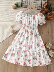 Girls Floral Dress Stretchy Waist Swing Dresses Short Sleeve