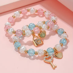 2PCS Children's Heart Pendant Bracelet Flower Beaded Elastic Accessory