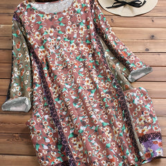 Floral Print Long Sleeve Round Neck Dress With Pockets