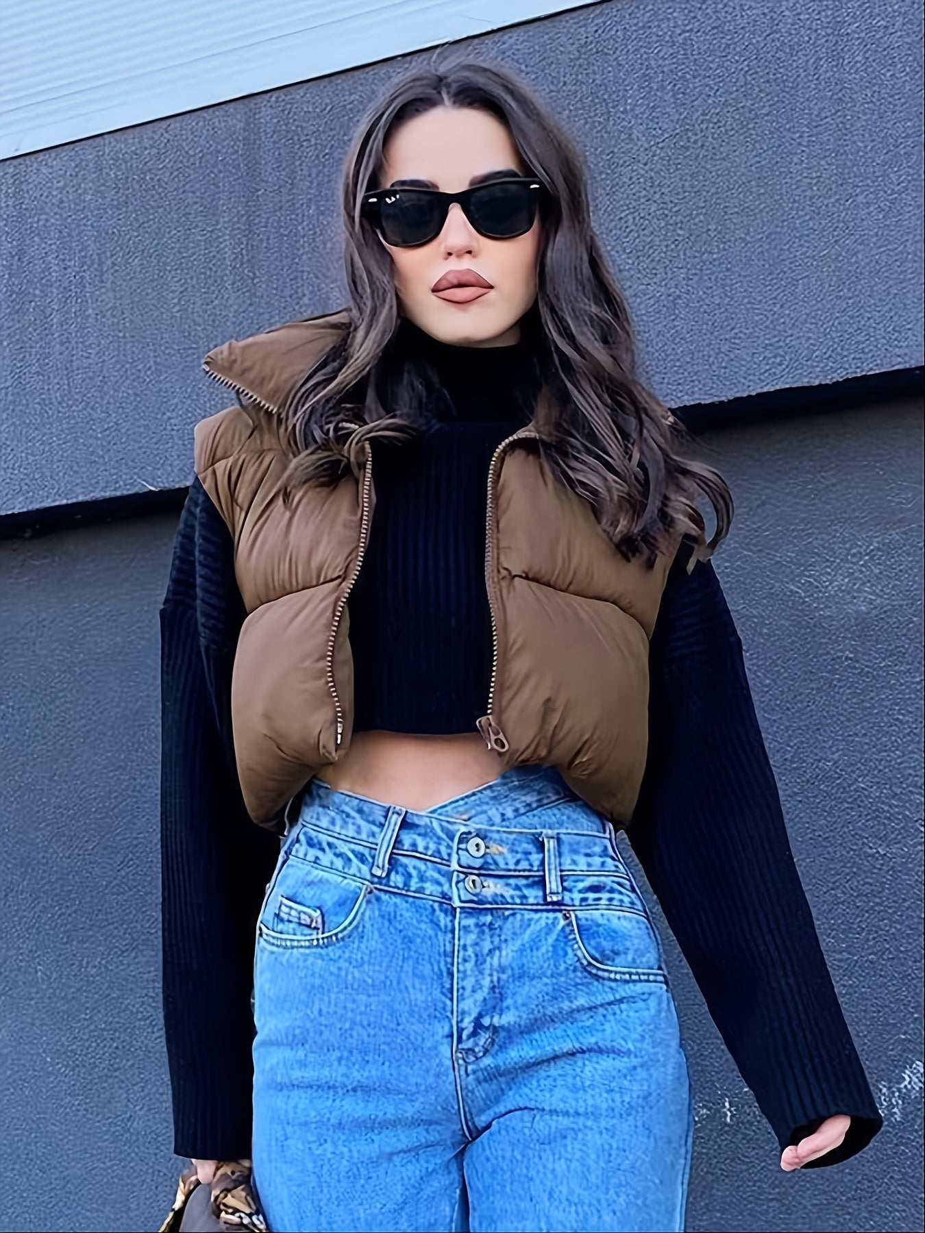 Crop Vest Raglan Sleeve Zipper Jacket Women's Clothing