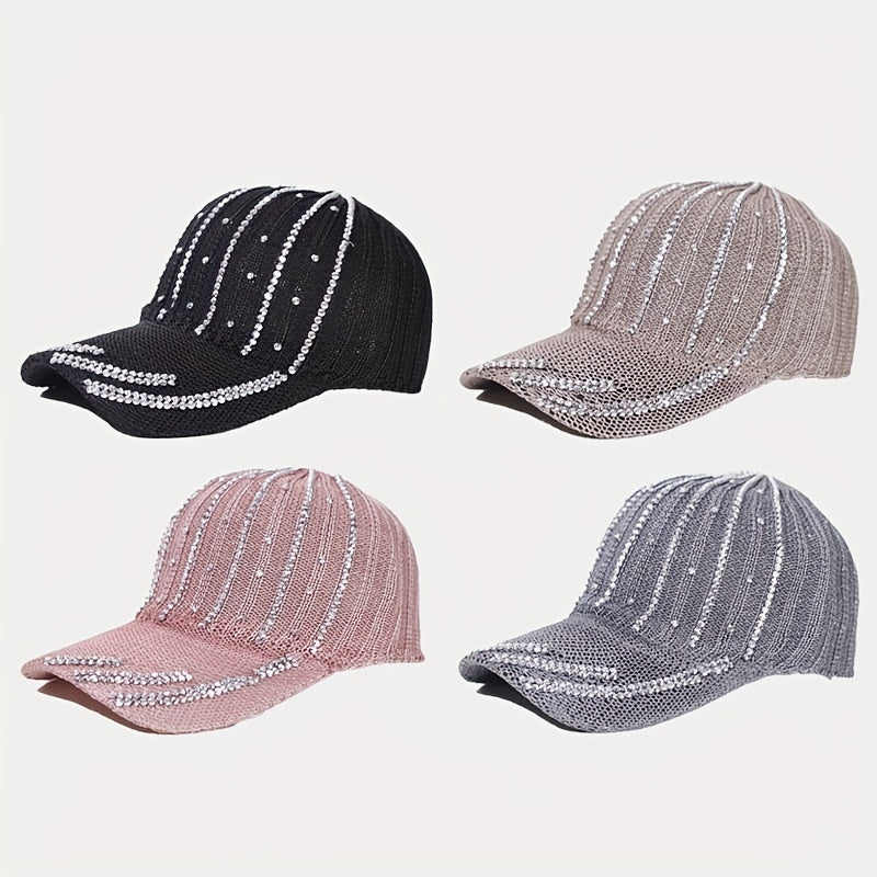 Knitted Baseball Cap With Rhinestones Soft Top Cap