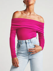 Solid Foldover Bodysuit Off Shoulder Long Sleeve