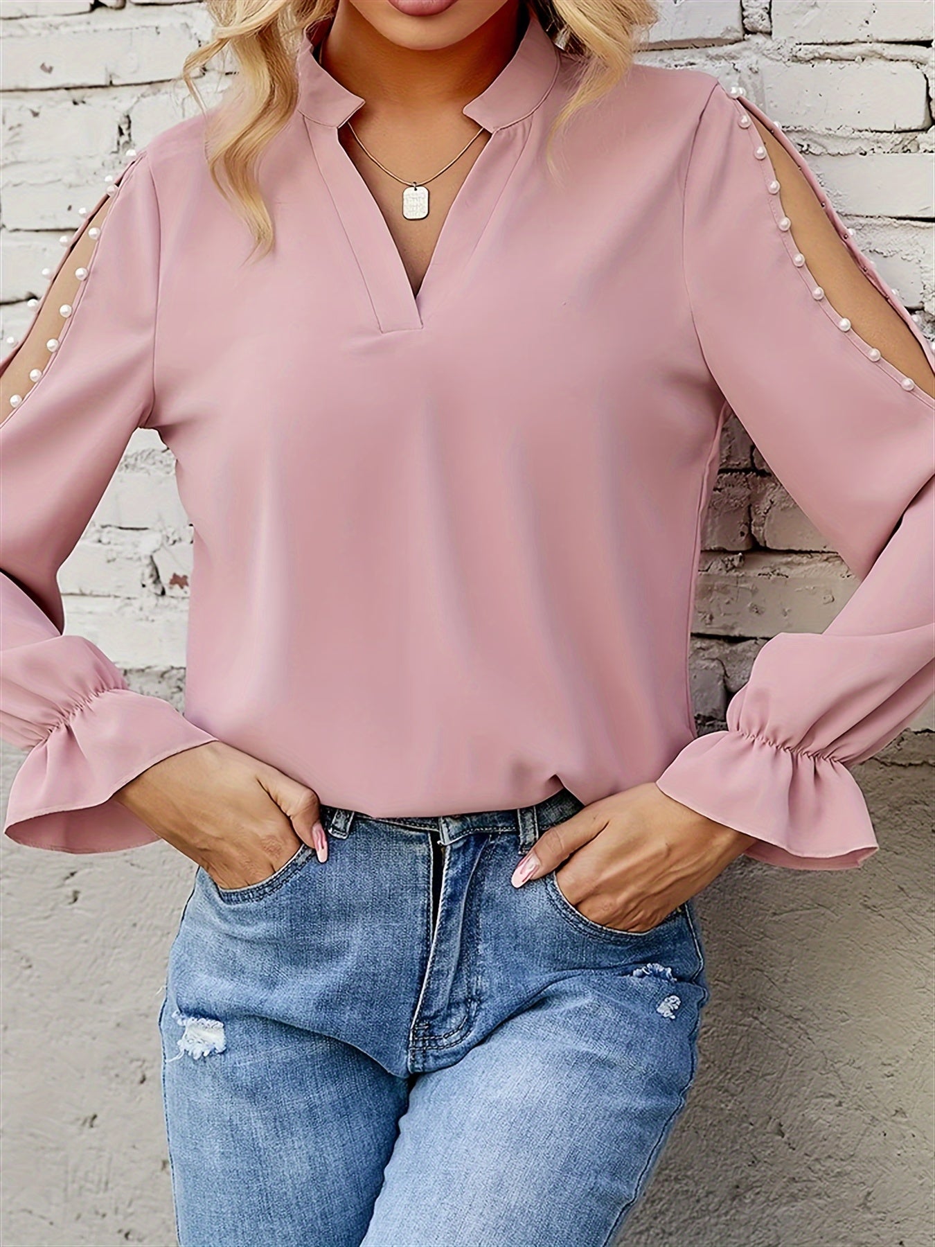 Blouse Women's Plus Solid Faux Pearl Decor Split Flounce Sleeve V Neck