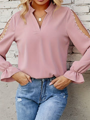 Blouse Women's Plus Solid Faux Pearl Decor Split Flounce Sleeve V Neck