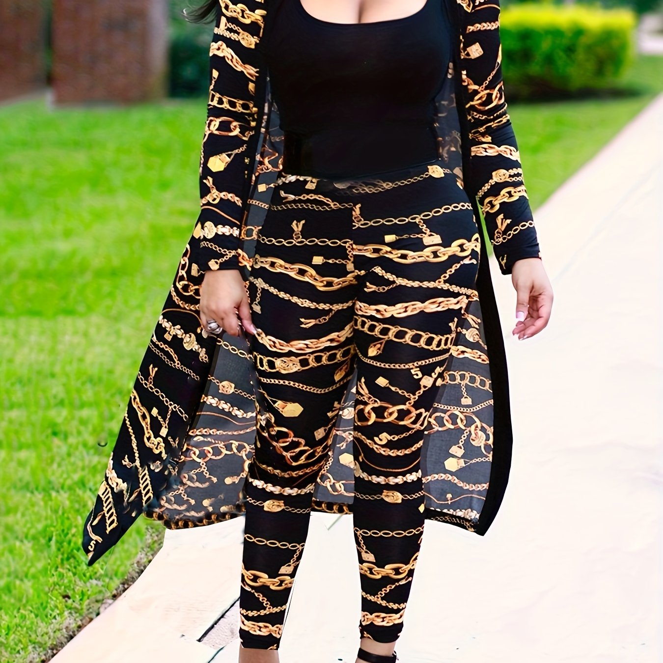 Chain Print Two piece Set Coat & Pants Outfit