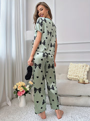Bow Print Pajama Set Short Sleeve Crew Neck Top & Elastic Waistband Pants