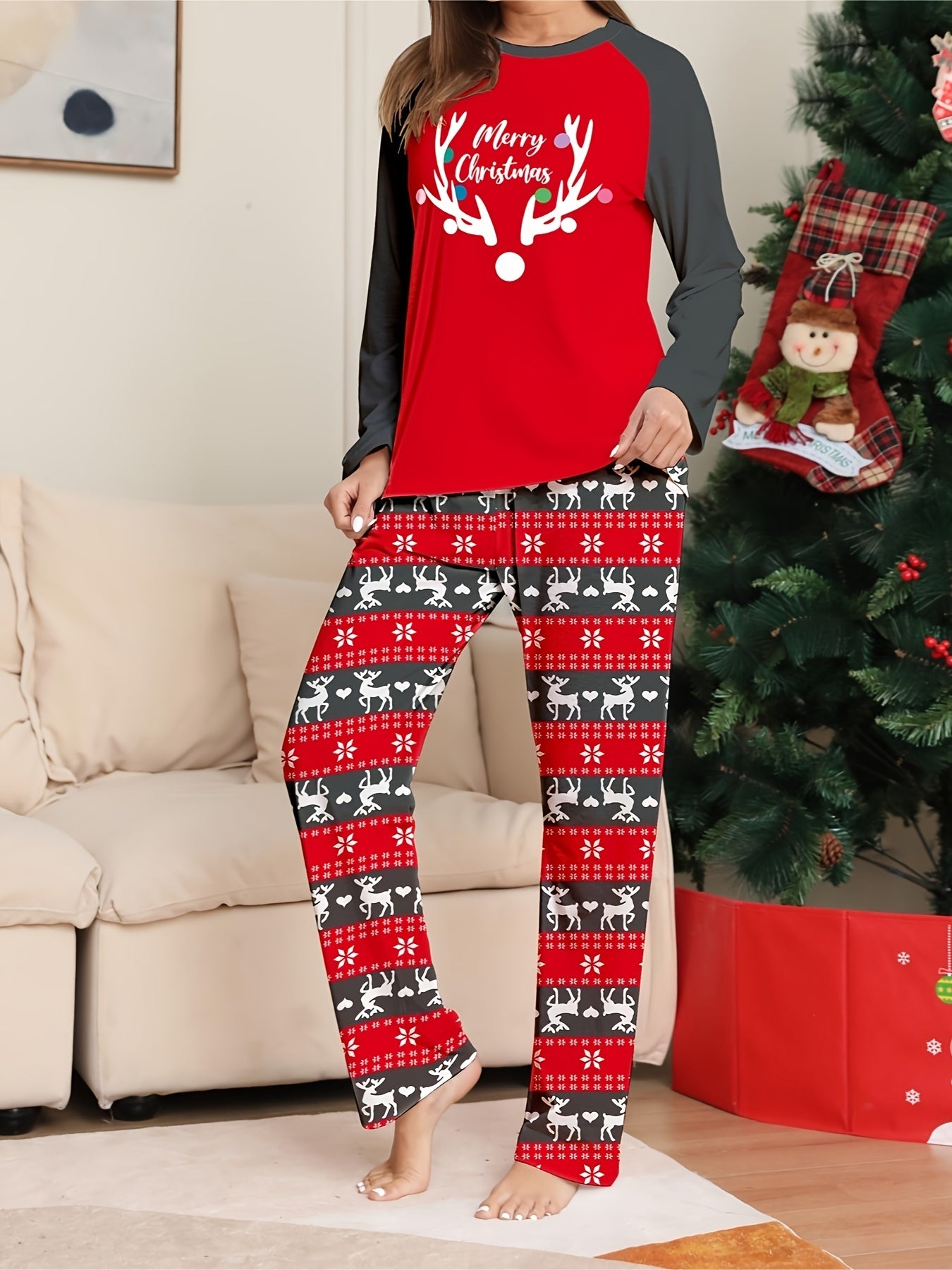 Christmas Pajama Set Women's Reindeer & Stripe Print Top & Pants