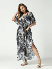 Tropical Print V Neck Bat Sleeve Cover Up Dress