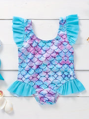Baby Girls Mermaid Print Swimsuit Ruffle Sleeve