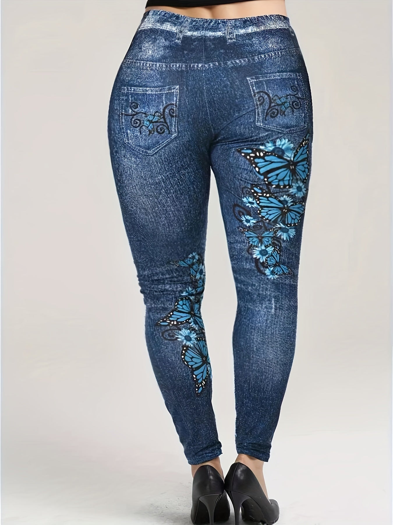 Denim & Butterfly Print Skinny Leggings Stretchy Women's Clothing