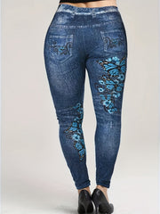 Denim & Butterfly Print Skinny Leggings Stretchy Women's Clothing