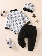 Baby Boy's Plaid Romper & Pants Set Fall Winter Newborn's Clothes