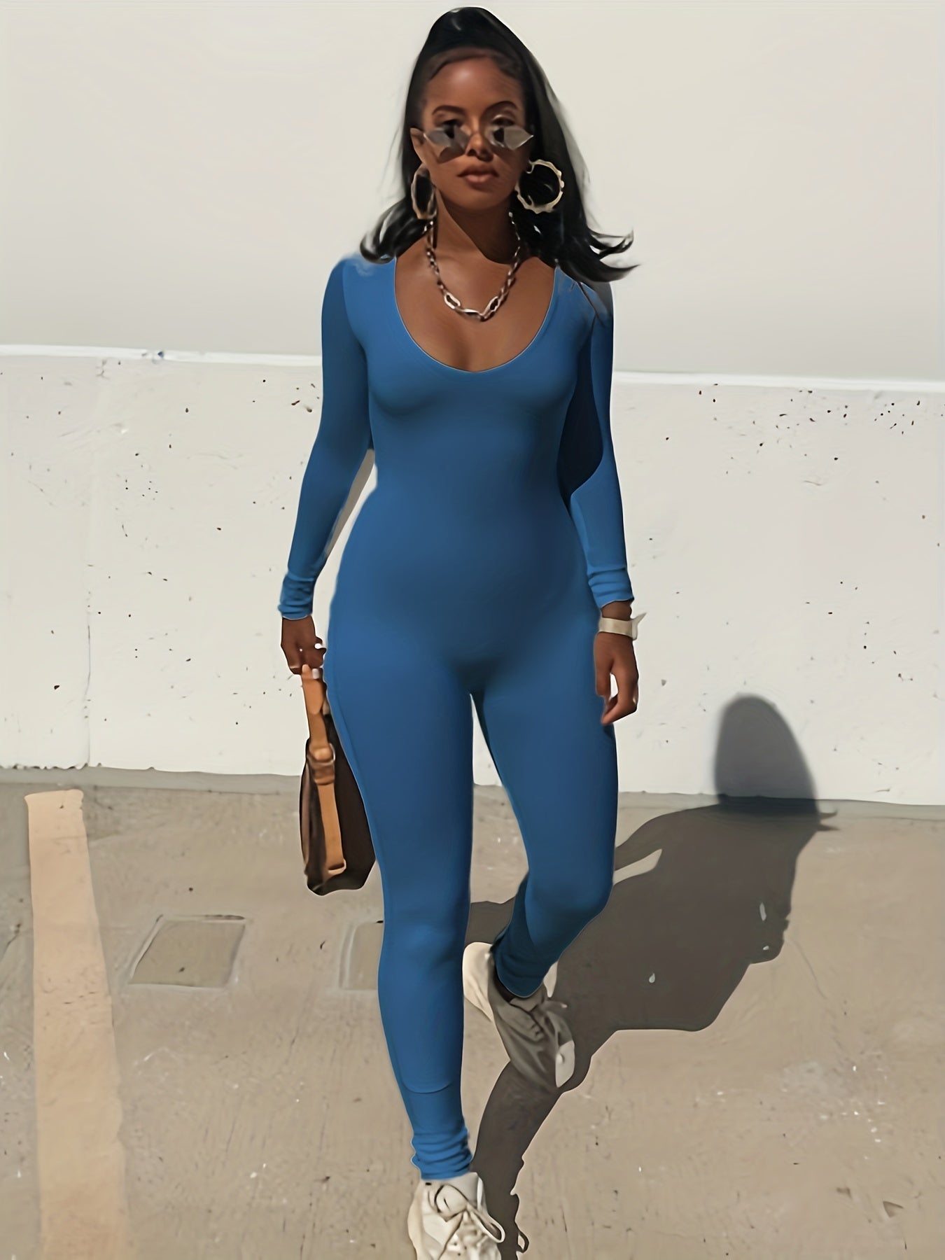 Skinny Crew Neck Jumpsuit Long Sleeve Stretchy Women's Clothing