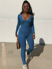 Skinny Crew Neck Jumpsuit Long Sleeve Stretchy Women's Clothing